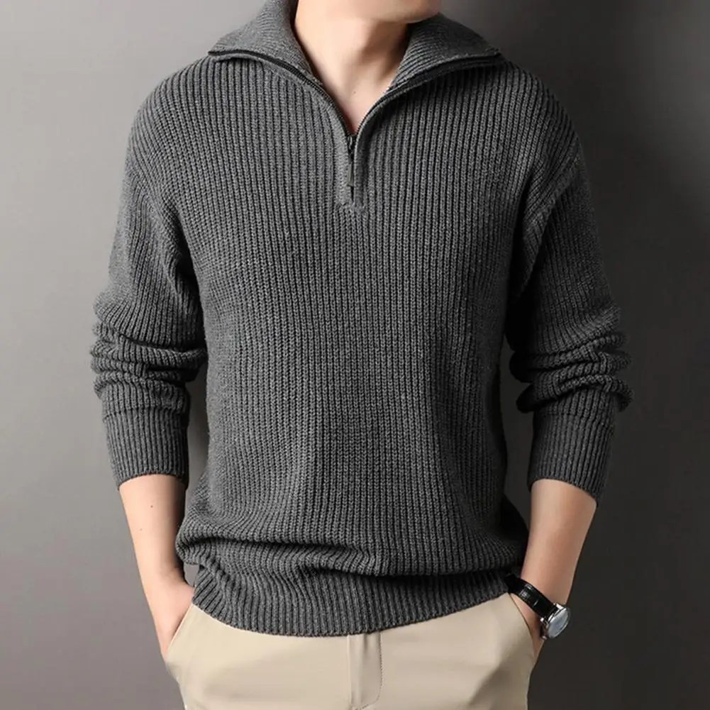 Men Sweater Men Top Stylish Men's Fall Winter Sweater with Lapel Half Zipper Retro Knitted Mid Length Solid Color Sweater for A