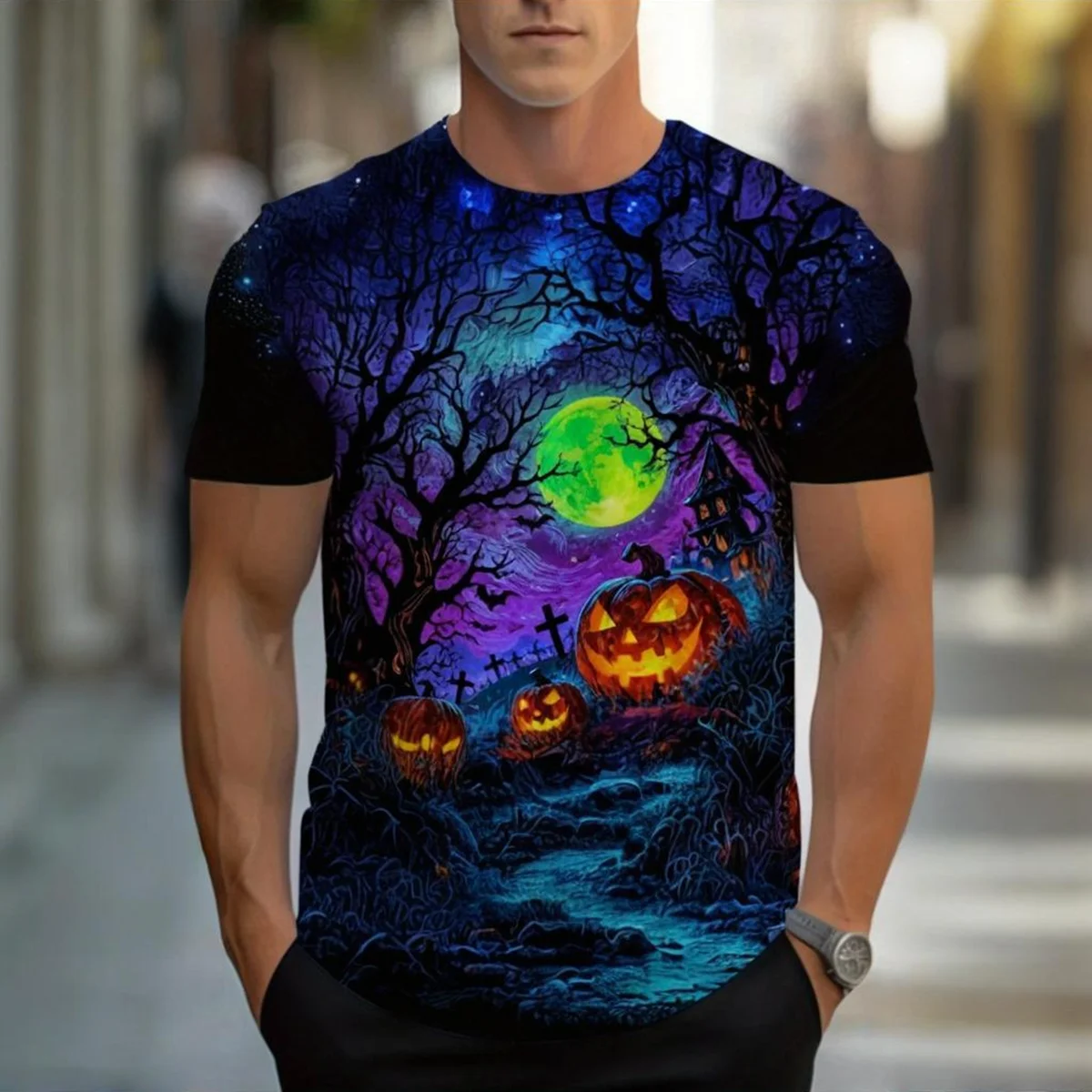 

Hot selling Halloween 3D printed men's T-shirt round neck short sleeved unisex horror pumpkin T-shirt top men's T-shirt