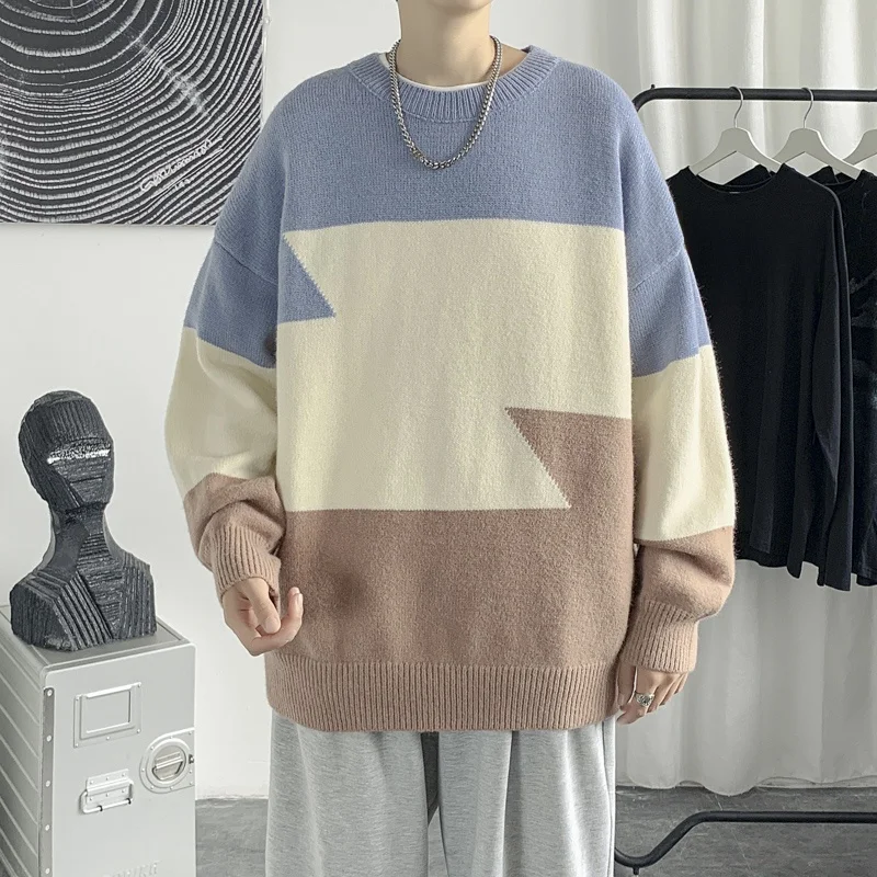 

Trendy Korean Hong Kong Sle Loose Casual Knitted Sweater Men's Autumn Winter round Ne Pullover Warm Polyester Fiber