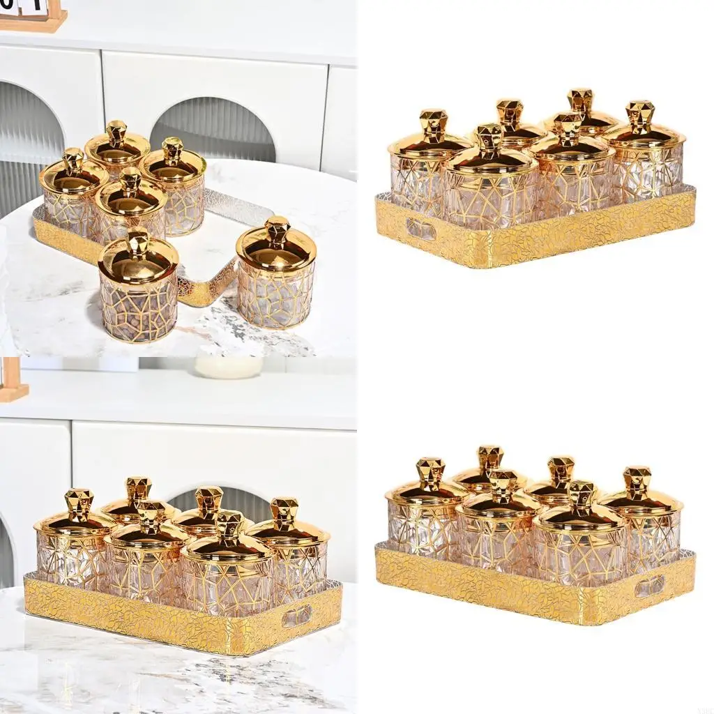 6 Piece Clear Canisters With Decorative Hollow Carving Storage Jar Containers with Handle Tray For Home Use X3UC