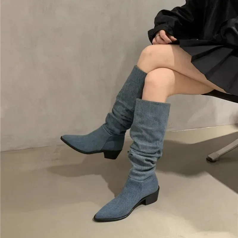 Buty do kolan damskie wsuwane na proste plisowane zamszowe zimowe Botas szerokie łydki wiosenne jesienne buty Bohemia luźne buty