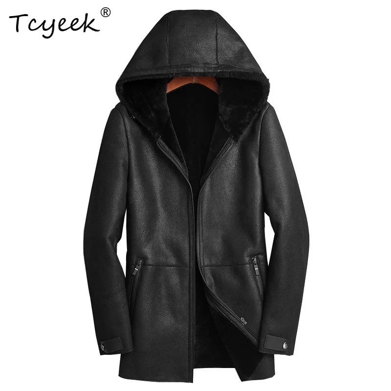 Tcyeek リアルファーコート男性冬服暖かい本革男性ジャケット天然シープスキンメンズコートミッドレングストレンディ 2025