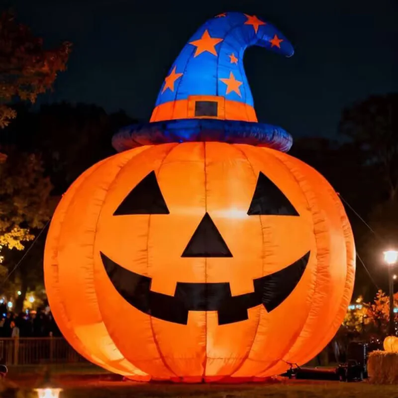Inflatable pumpkins with blowers, decorative glowing props for outdoor square and shopping mall events on Halloween Day
