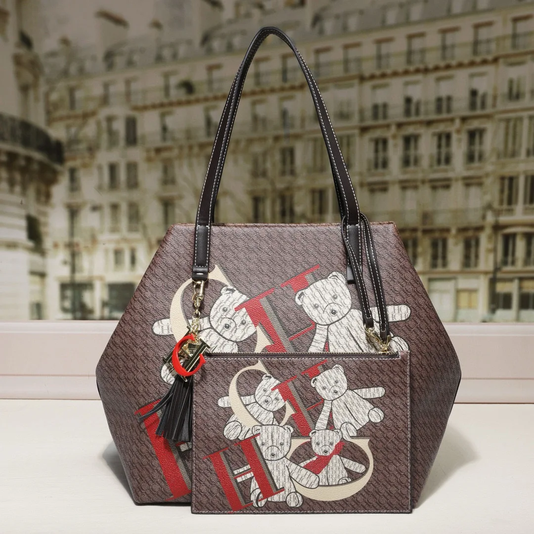 

Vintage Classic Mother Daughter Bag Commute Travel Cartoon Bear Print Large Capacity Women Simple Casual Tote