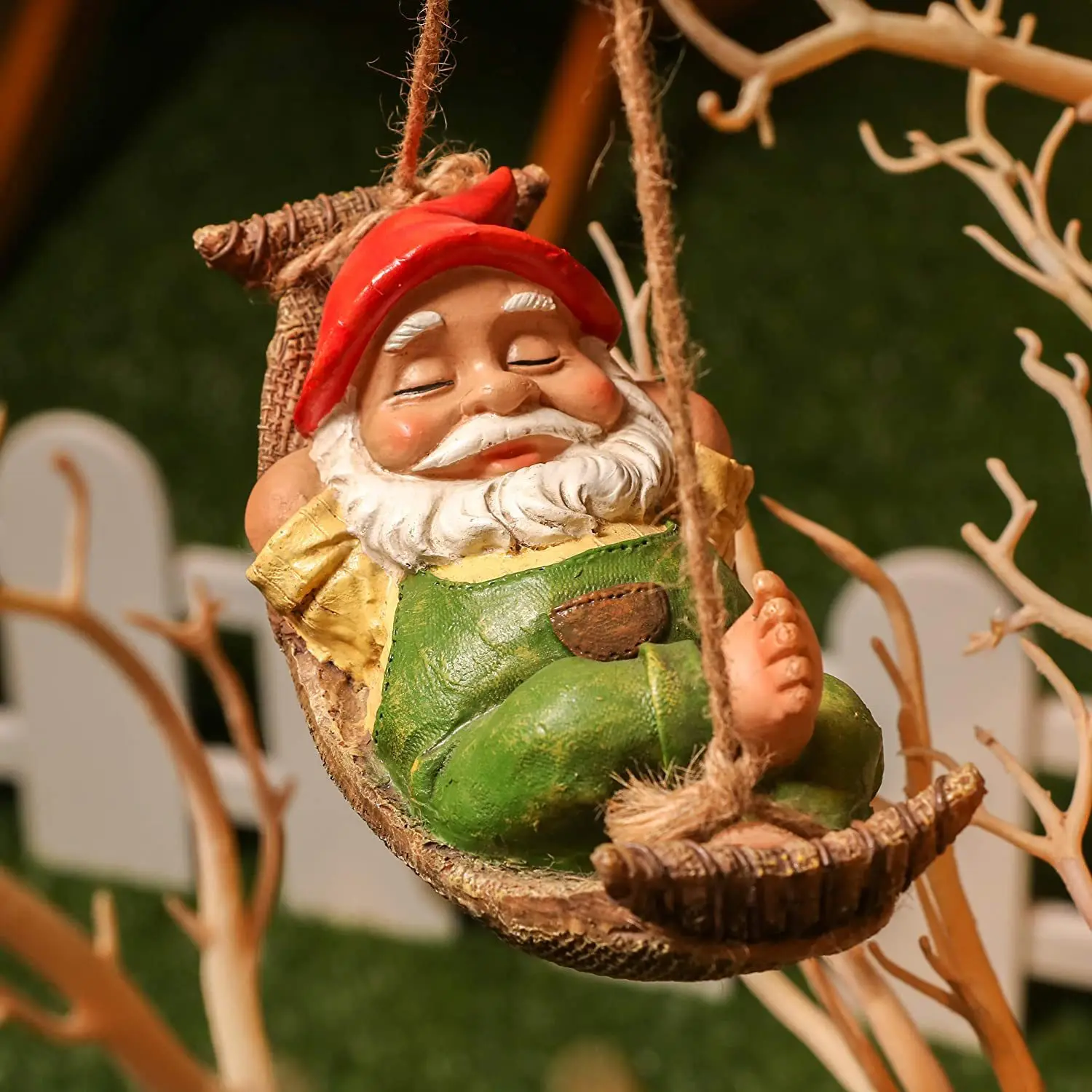 

Outdoor Garden Yard Decoration Hanging Cute Gnome Dwarf Statue Hammock White Bearded Farmer Sculpture