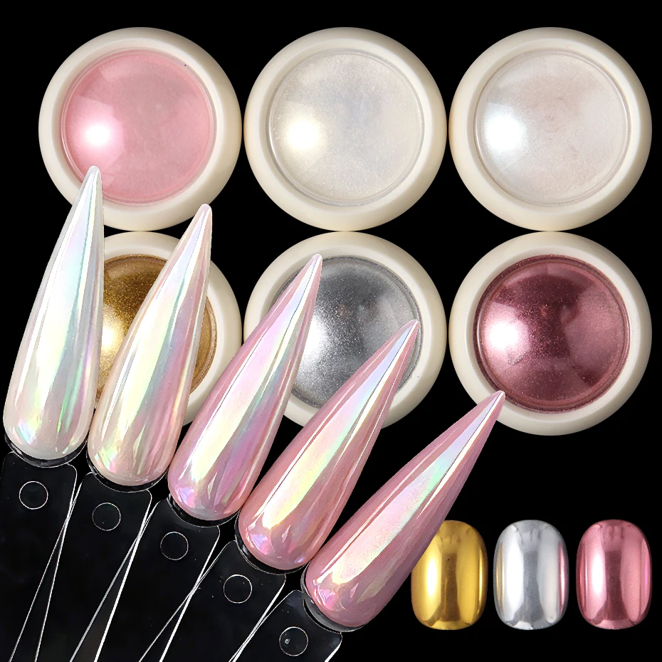 6 Gläser Aurora Chrom-Spiegel-Nagelpuder Schillerndes Perlmutt-Metallpigment Gold Silber Rosa Weiß Nagelglitter-Dekoration