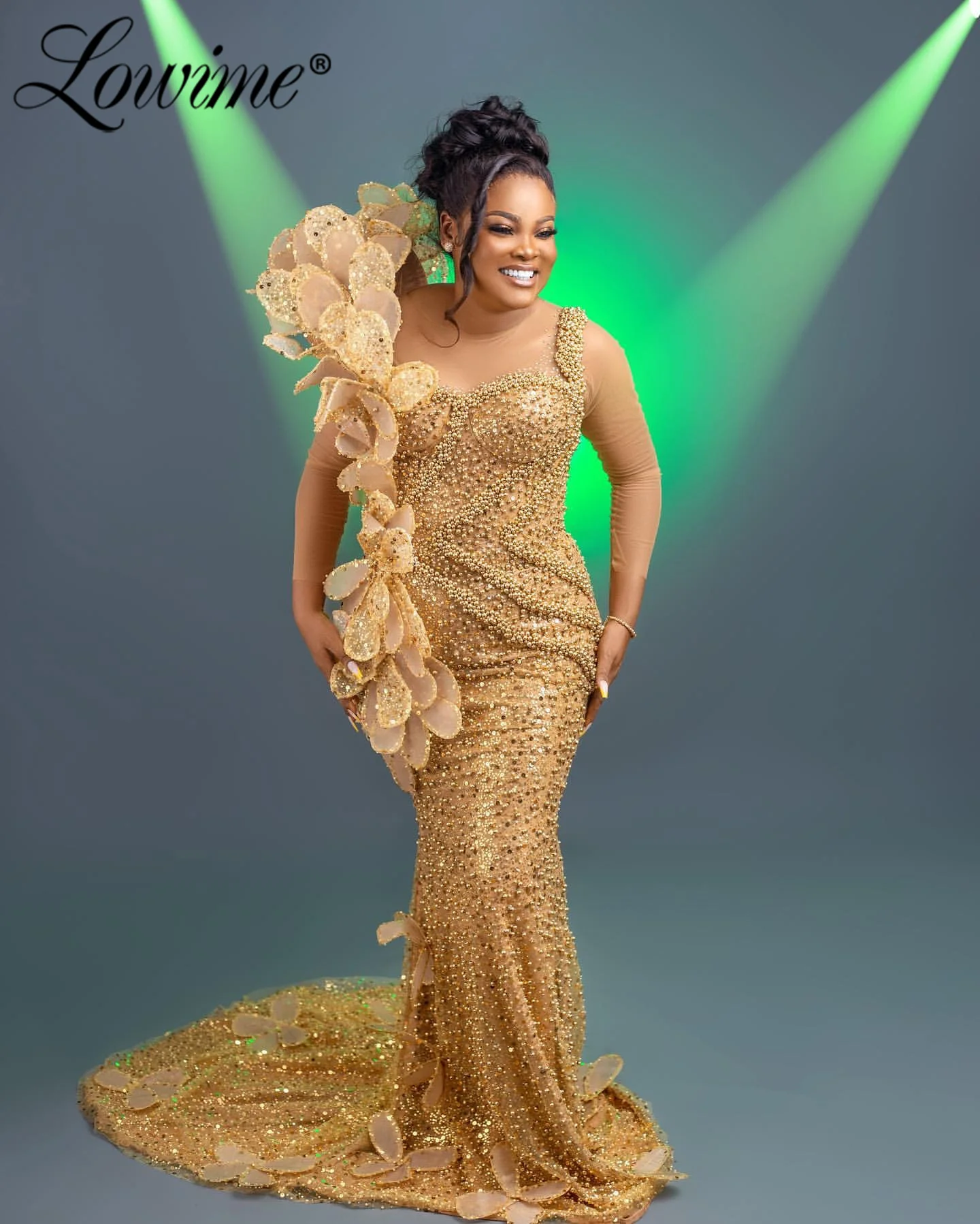 فستان حورية البحر الذهبي للحفلات الراقصة بأكمام طويلة مزين بالزهور وحفلات الاستقبال الثانية وأعياد الميلاد والخطوبة فساتين سهرة مخصصة