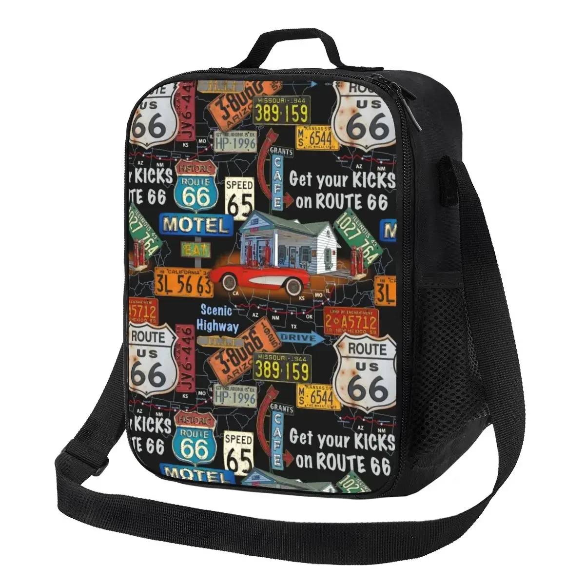 

Custom Travel Motorcycle Ride The Historic Route 66 Thermal Lunch Bag USA America Highway Portable Lunch Tote Bento Food Box