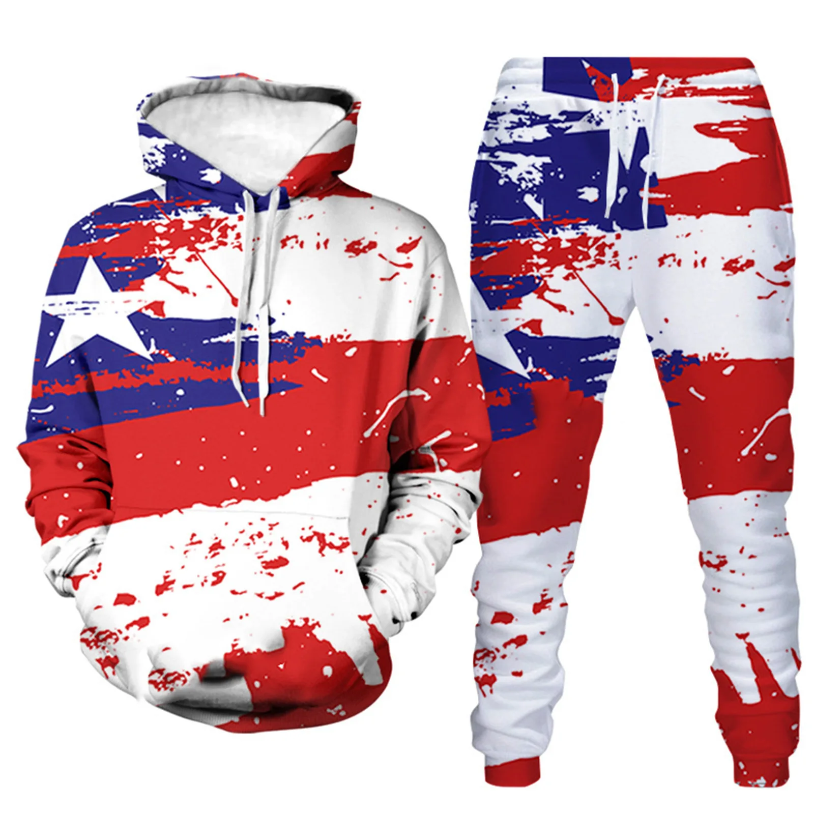 3D American Flag Impresso Tricô para Homens e Mulheres, Hoodie e Calças, Sportwear, Cool Men's Clothing, Outono, Inverno, 2 pcs