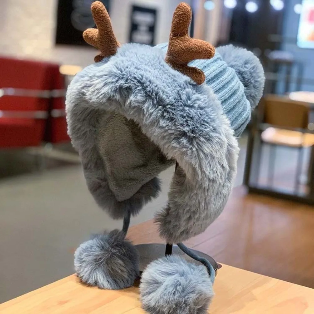 Winter-Strickmütze, Verdickte Hirschgeweih-Beanie, Winddichte Thermische Ohrenschutzkappe, Weiche Gerippte Warme Ohrenklappenmütze für Jugendliche – Detail 7