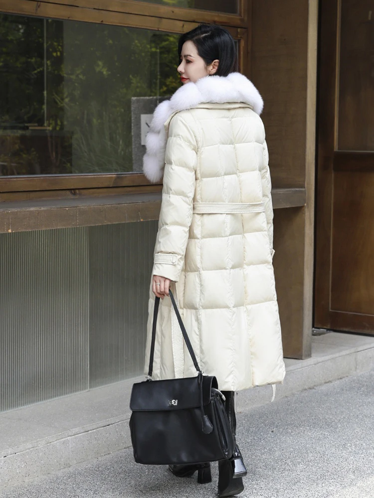 럭셔리 리얼 폭스 퍼 칼라 롱 다운 재킷 여성용 따뜻한 2026 겨울 패션 브이넥 퍼퍼 코트 허리띠 포함 파카 INKEO DJ634