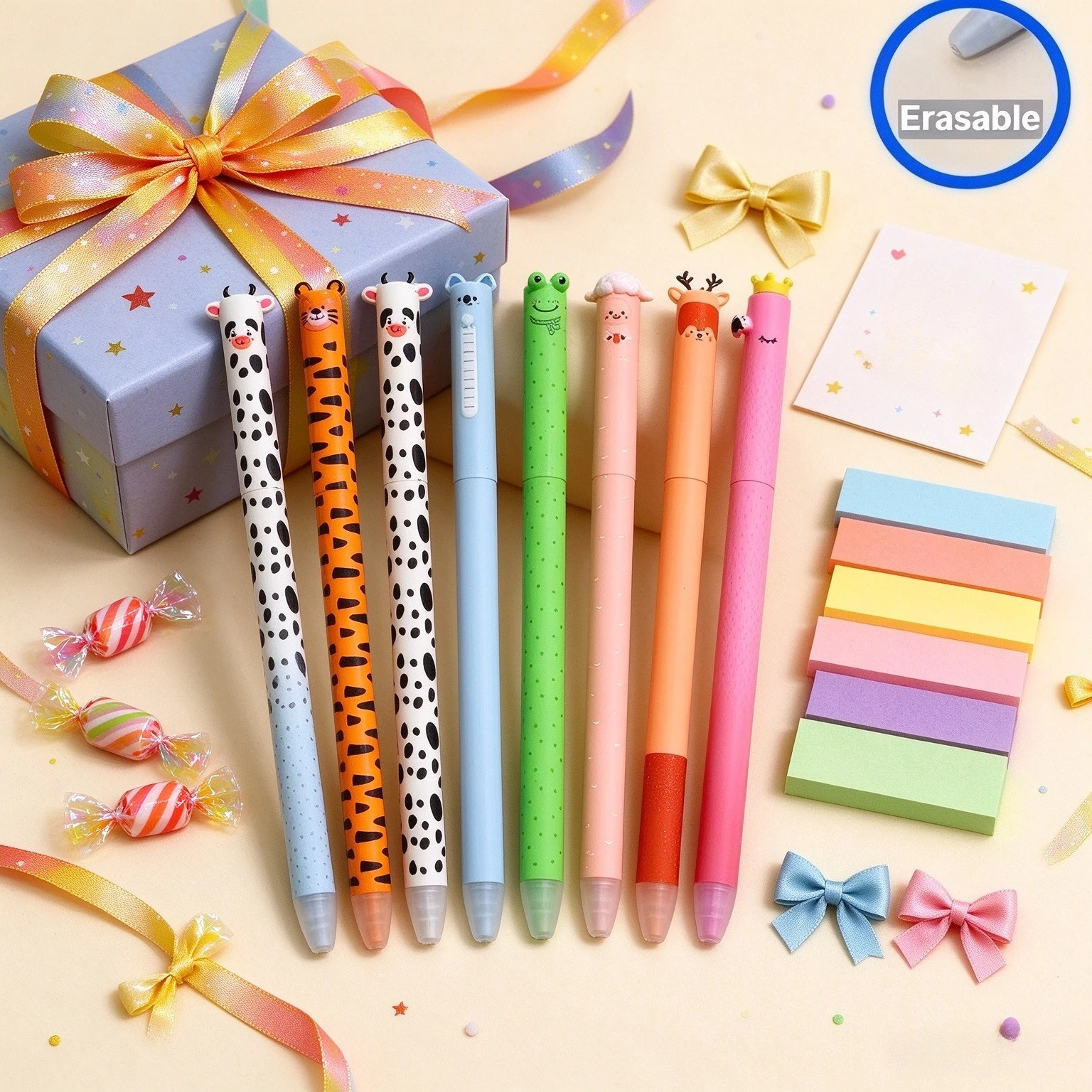 Kawaii Cartoon Animal Erasable Gel Pens Set of 9, Rotatable Design Cute Animal Figurine Erasable Pens,Office Desktop Stationery