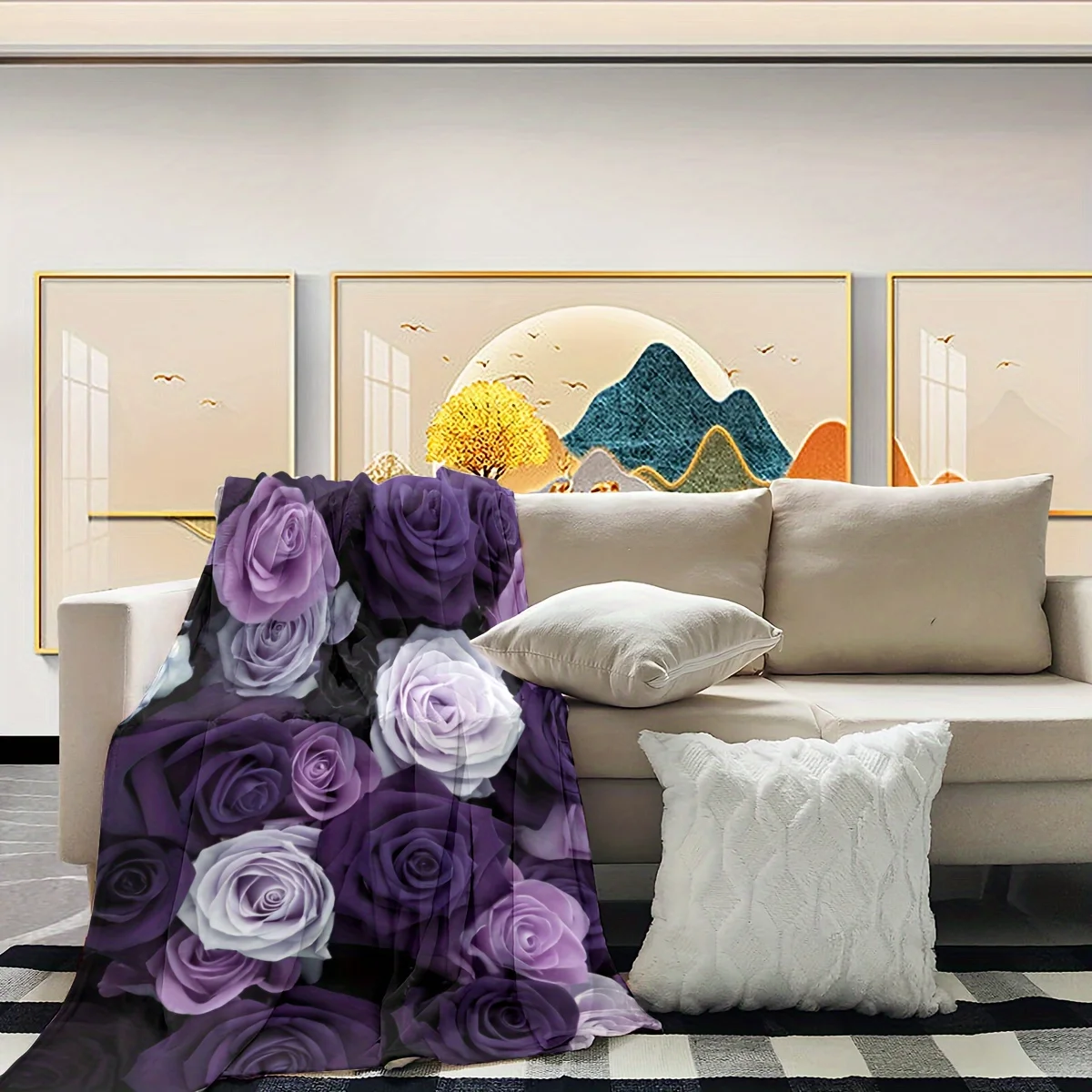 بطانية أنيقة بالورود باللونين الأرجواني والأبيض - تصميم مريح وملون، مثالية لأي غرفة، ناعمة ودافئة، هدية مثالية #2