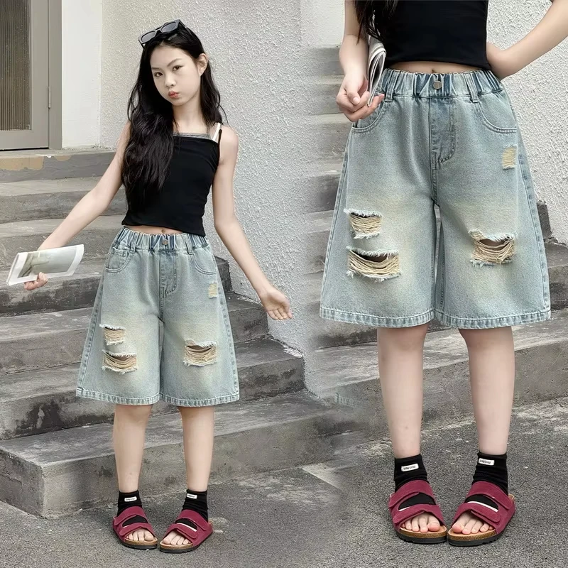 nova-colecao-verao-2026-shorts-jeans-para-meninas-adolescentes-e-criancas-com-cintura-elastica-e-design-moderno-com-rasgos-idade-4-15-anos