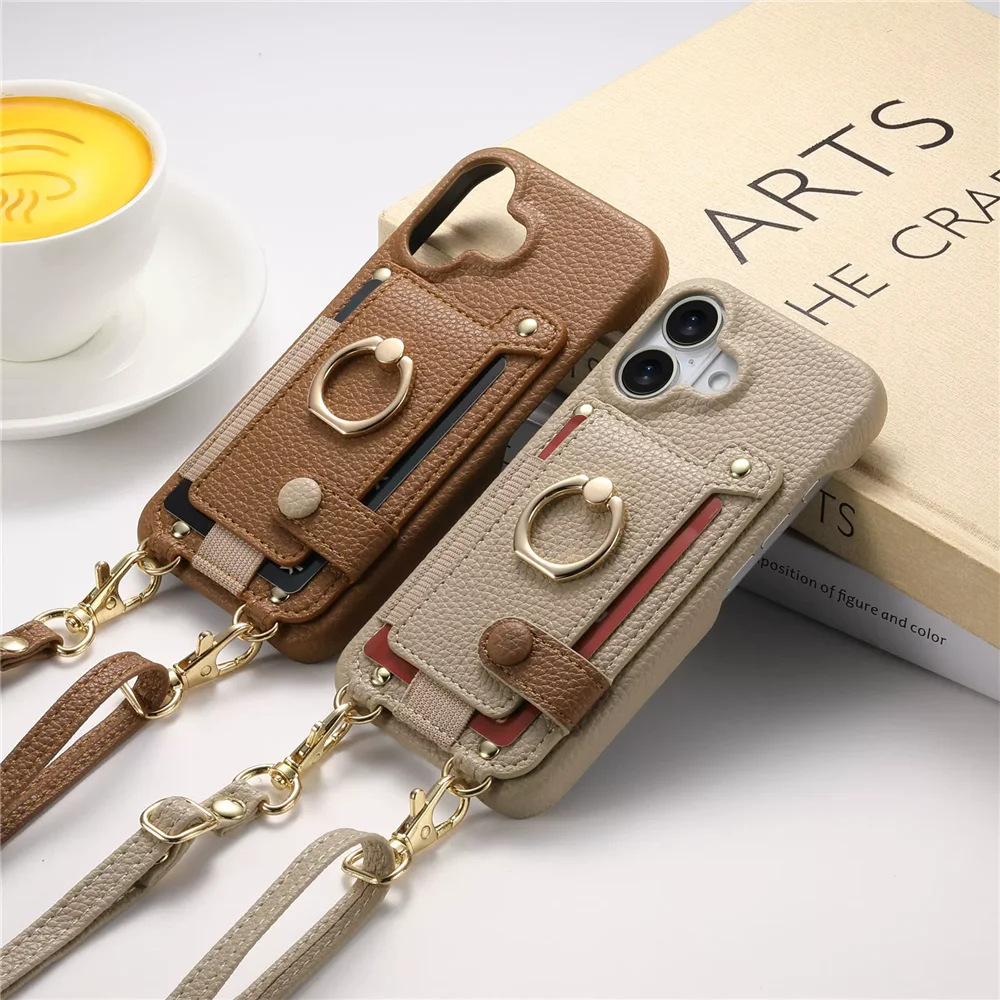 

Wallet Shoulder Strap Phone Case for iPhone 16 Pro Max 13 11 12 14 15 Pro Max 16 Plus Lady Leather Card Pocket Lanyard Cover