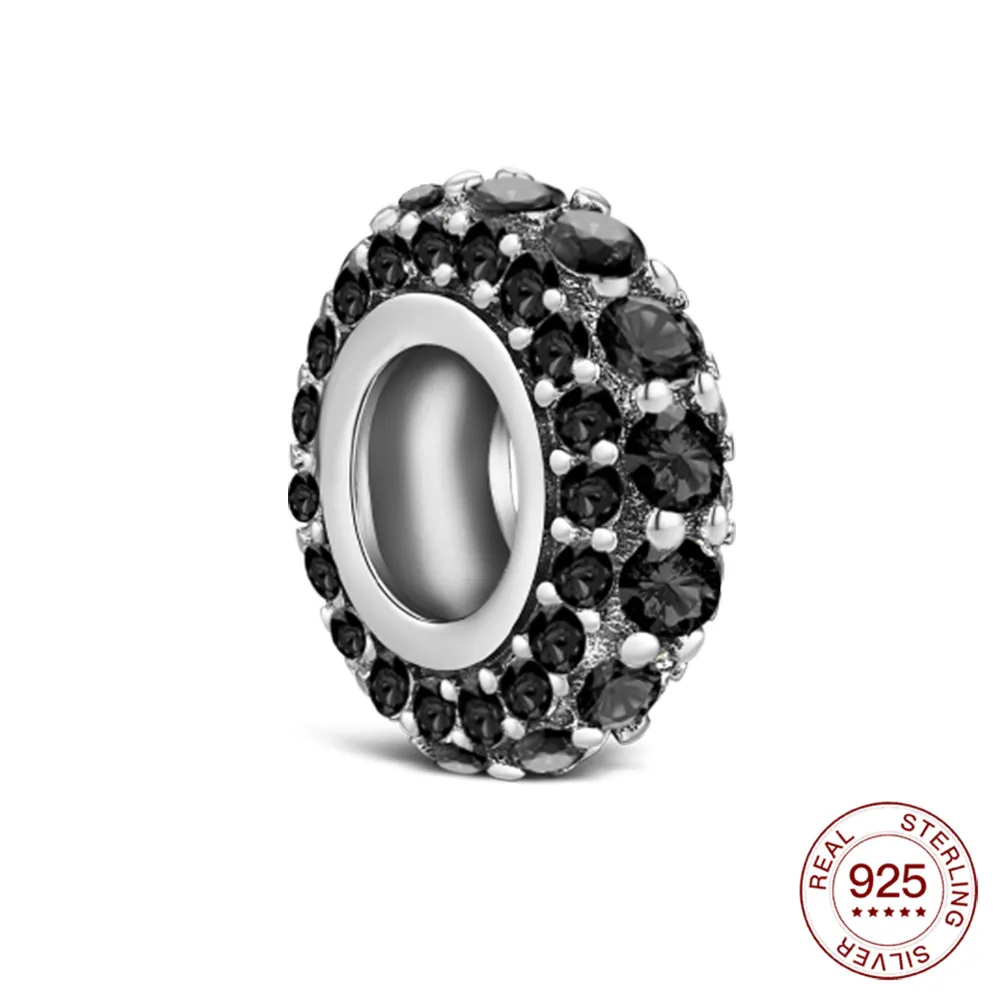 

925 Sterling Silver Positioning Buckle Charm Black Full Diamond Thin Gasket Bead Fit Bracelet Women's DIY Jewelry Love Hot Gift