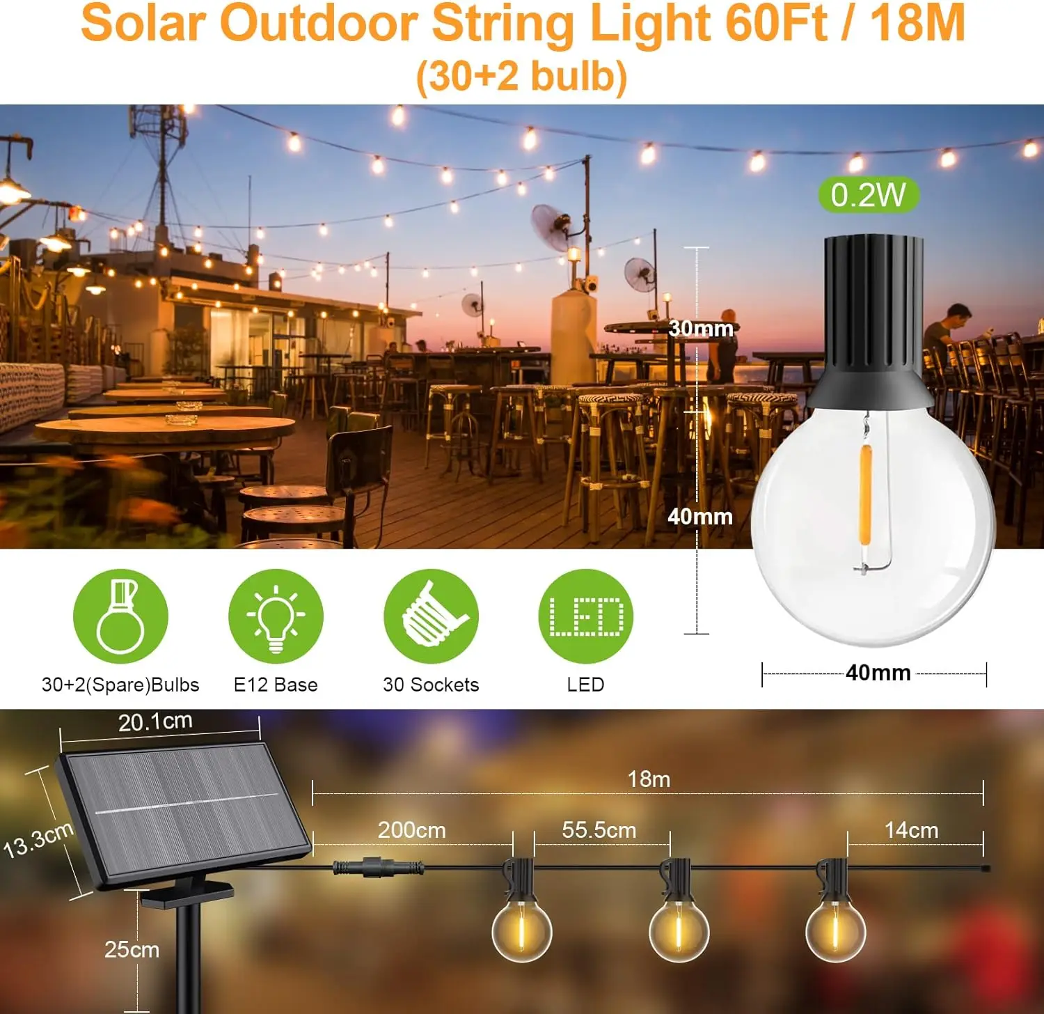 17.7m 52 Bulbs Solar String Lights Outdoor Waterproof with USB Port & Remote Control Solar Patio Lights