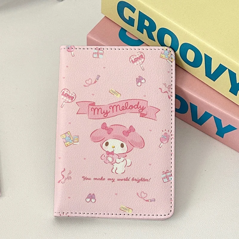 Sanrio Kuromi Melody portatarjetas de pasaporte en el extranjero, funda protectora, bolsa de almacenamiento de documentos, billetera de viaje, tarjeta de crédito para mujer