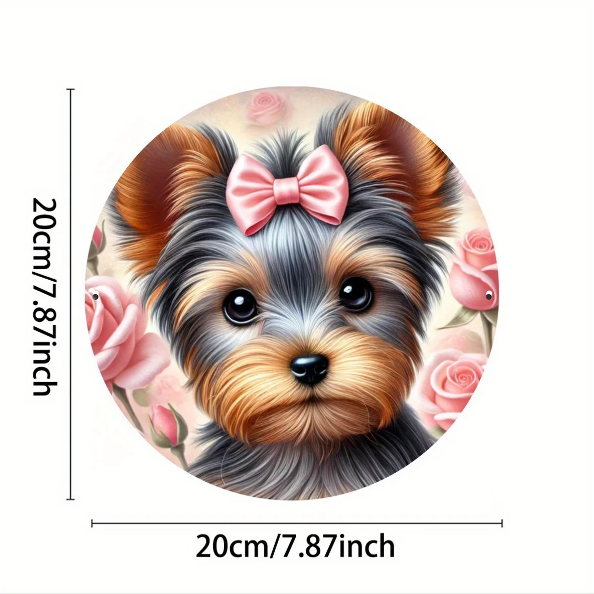 7.8X7.8 Inch (20X20Cm) 2D Printed Metal Sign with Bow: Yorkshire Terrier Flower Wreath Decoration - Rustic Farmhouse Style - Ver