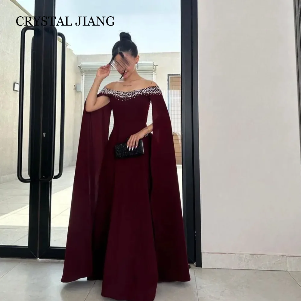 

Luxury Long Burgundy Off the Shoulder Beaded Satin Evening Dresses Full Sleeves A Line Floor Length فساتين سهرة