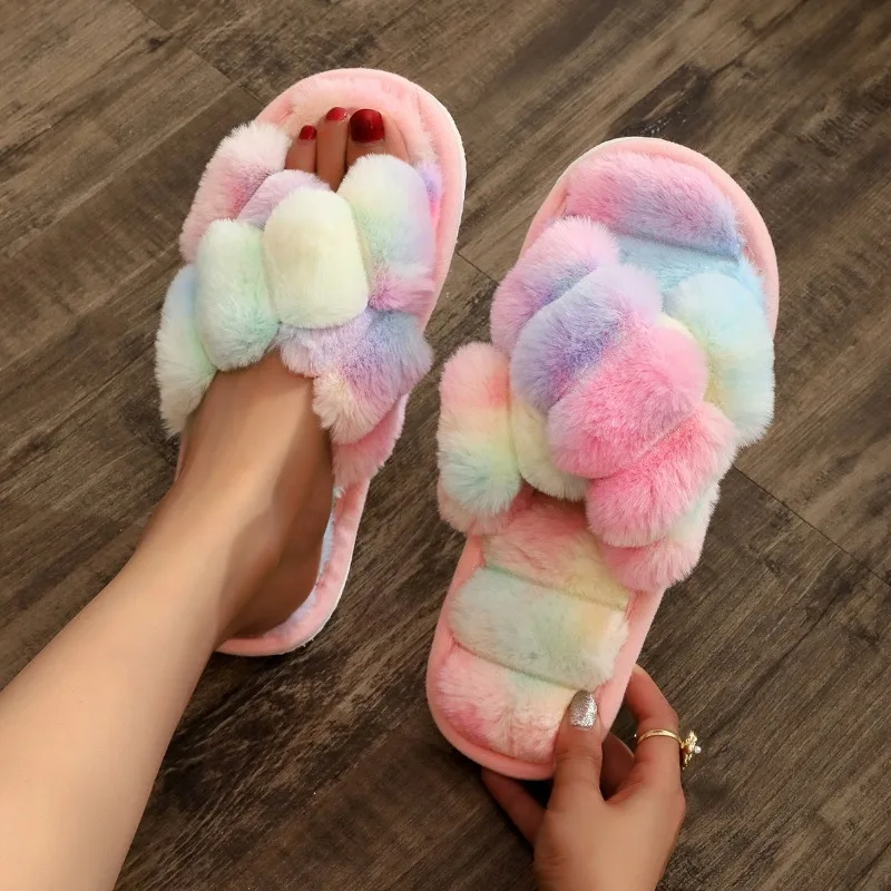 Winter Rainbow Slipper Ladies Women Colorful Plush Warm Flooring Non Slip Home House Shoes Flats Fluffy Fluffy Family Footwear