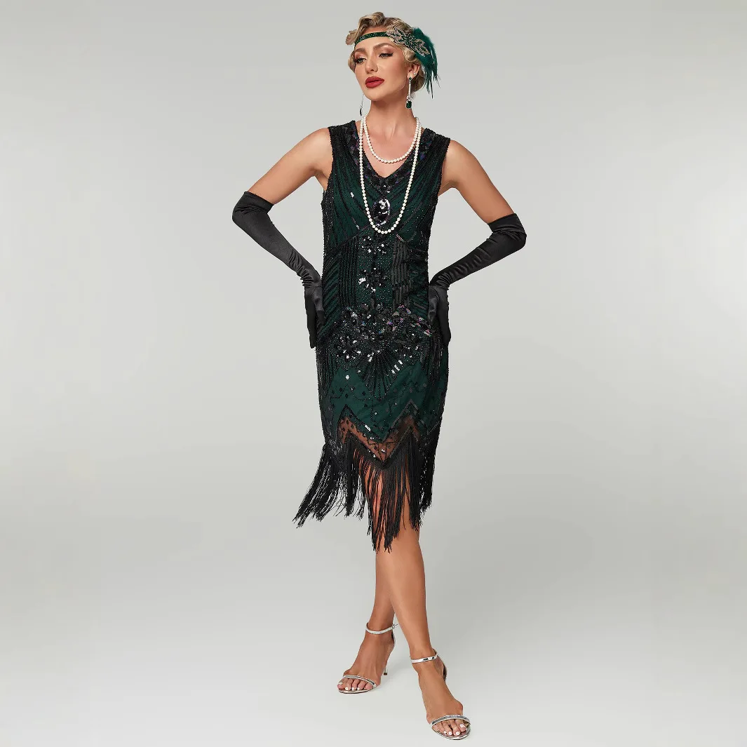 Women 1920s Vintage Great Gatsby Dress Sequins Dress V-Neck Tassels Bodycon Beaded Party Evening Dress Christmas Evening gown