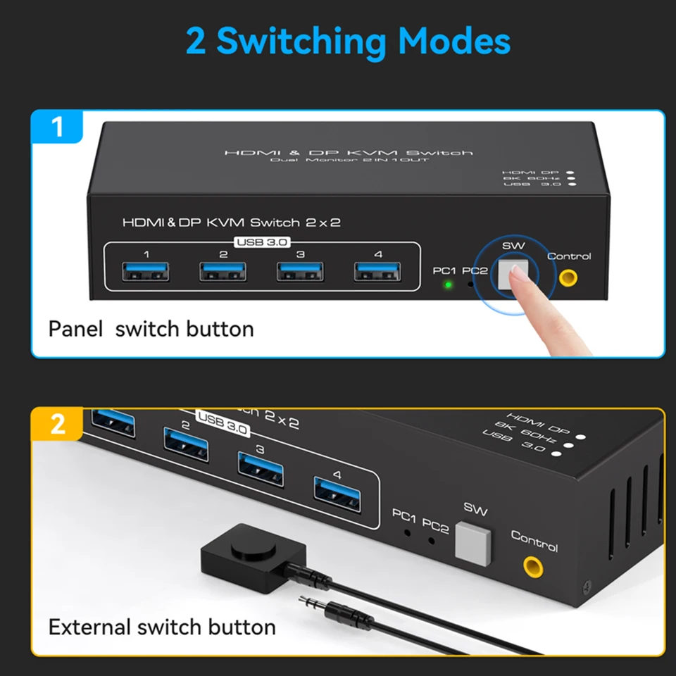 Navceker 2x2 HDMI DP KVM switch 4K 120Hz Dual Monitor Extended Display 8K USB KVM Switcher 2 in 2 out for 2 Computers 2 Monitors