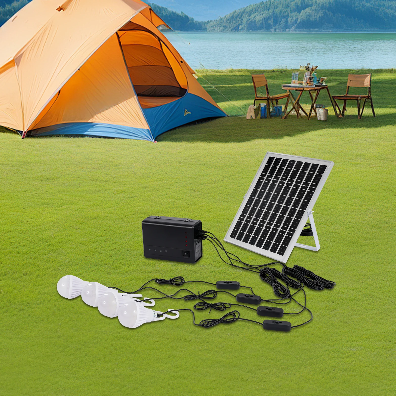 Solar Inverter with Solar Panel & 4 LED Lights, 12V 4A Portable Power Generator Kit,  for Home Backup Outdoors Camping
