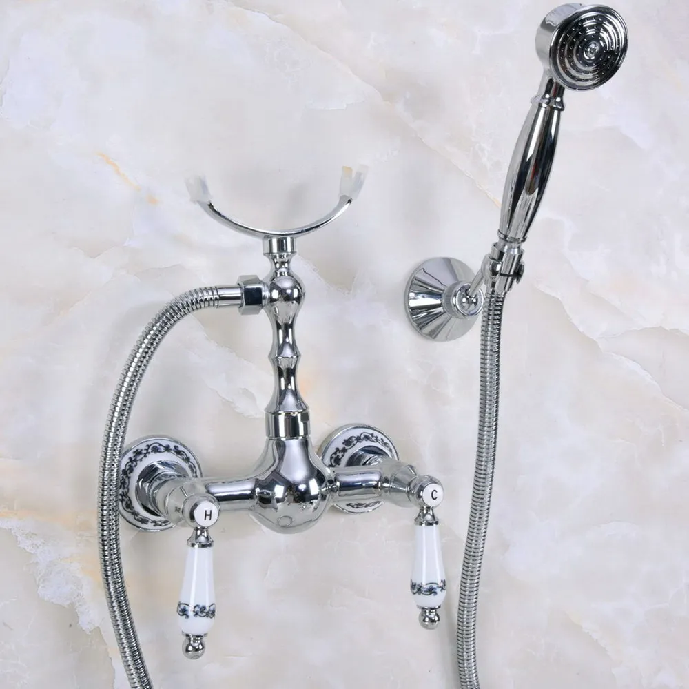 Polished Chrome Wall Mounted Bathroom Bath Faucet Mixer Tap With Hand Shower Head Shower Faucet Set