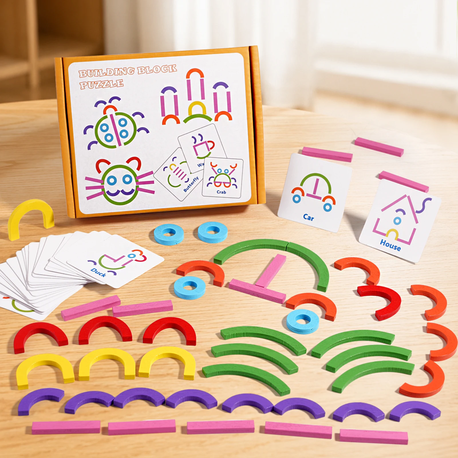Montessori Creative Building Block Puzzle - Colorful Arc Shape Learning Toy for Kids Early Education Wooden Toys