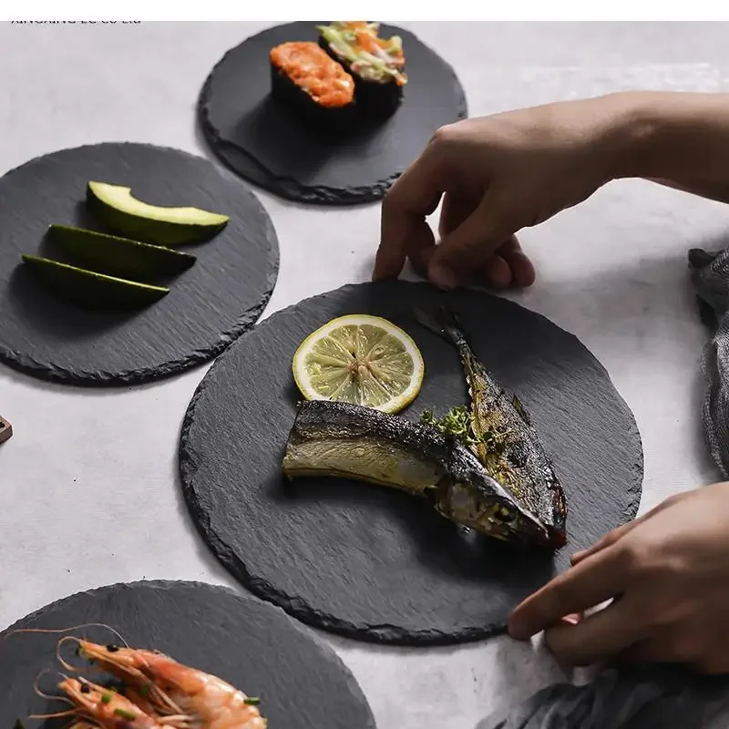 Slate Western Steak Plate Round Sushi Pastry Snack Fruit Kitchen Utensils Tableware Afternoon Tea