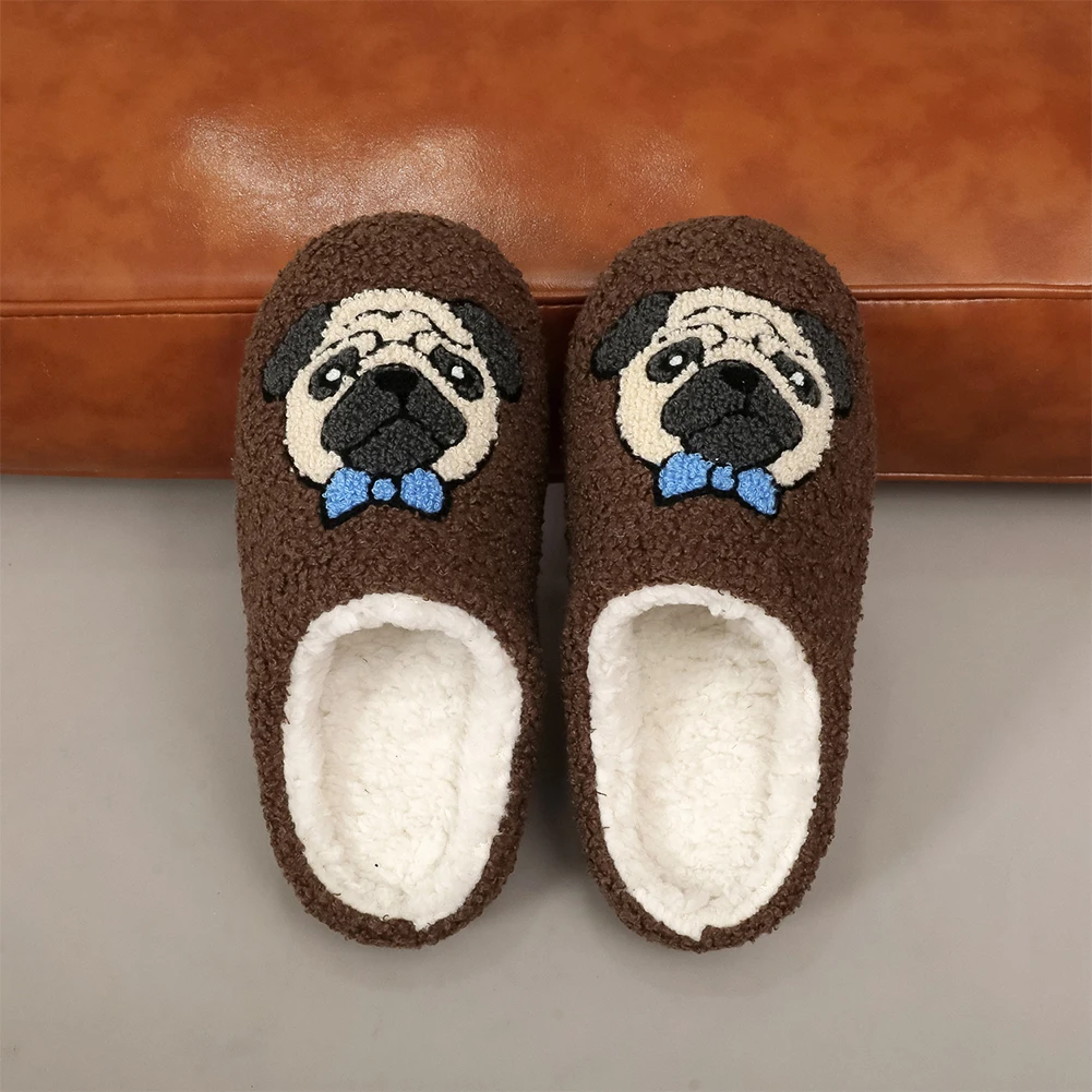 

Pug Pattern Comfort Furry Slippers Anti Slip Warm Slip-On House Shoes Thick-Soled Soft Plush Slippers Flat Thermal Home Shoes