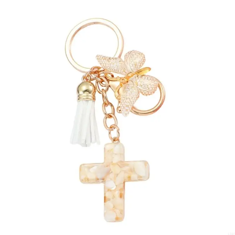 L9BE Stylish Resins Crosses and Butterfly Christian Keychain with Tassels for Women Unique Bag Charm Accessories Ornament