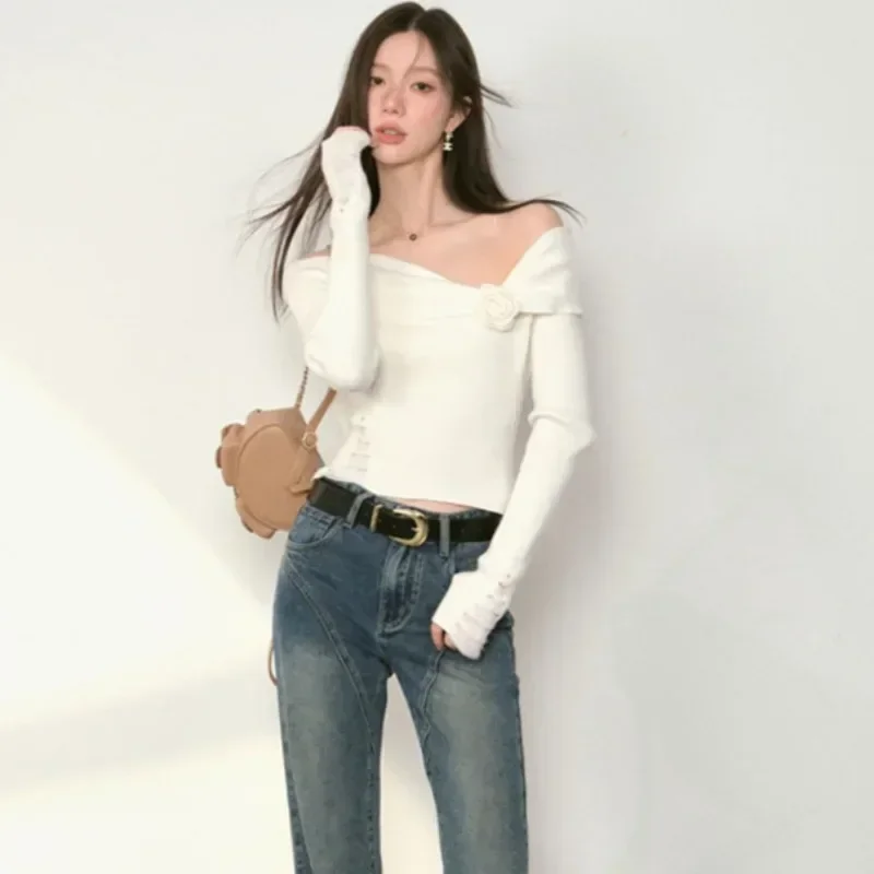 ニットプルオーバー女性スラッシュネッククロップドスリム 3D フラワーセクシーなオールマッチオフショルダー韓国スタイルガールズデザイン入札ファッション