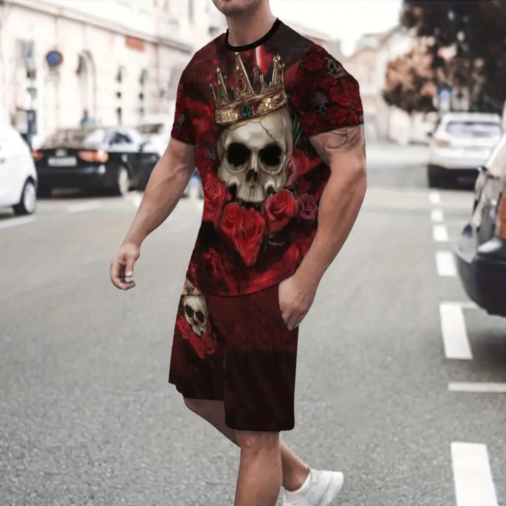 2024 Summer New Men\'s Set, 2-piece T-shirt shorts men\'s streetwear, 3D Skull Set, Men Fashion Clothing, US SIZES S-2XL