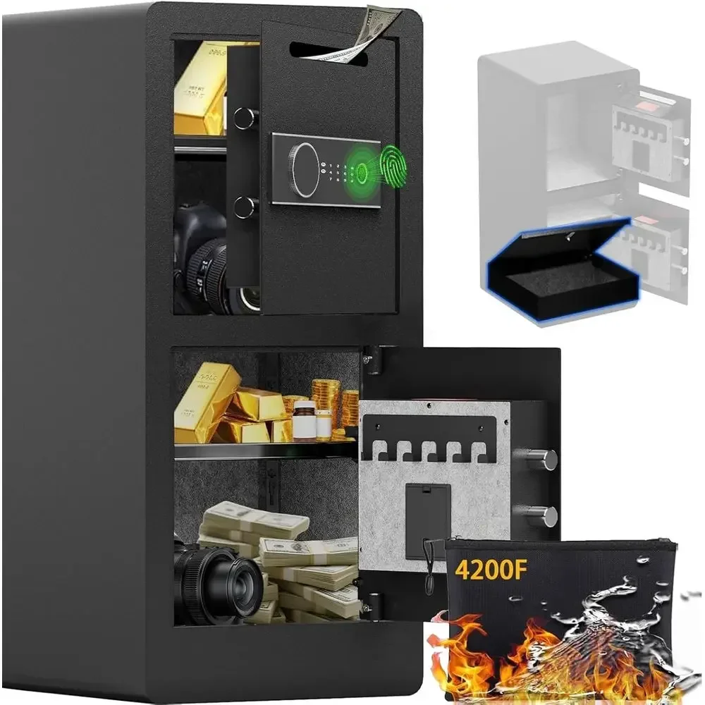 Dual Layer Safe with Drop Slot, Biometric Safe Box, Waterproof Bag, Adjustable Shelving Hidden Lock Boxes for Home, Office, and