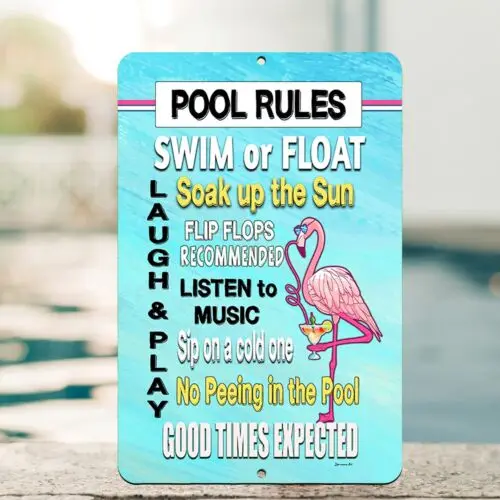 Pool Rules Flamingo Metal Sign Inspirational Outdoor Decor by Dyenamic Art