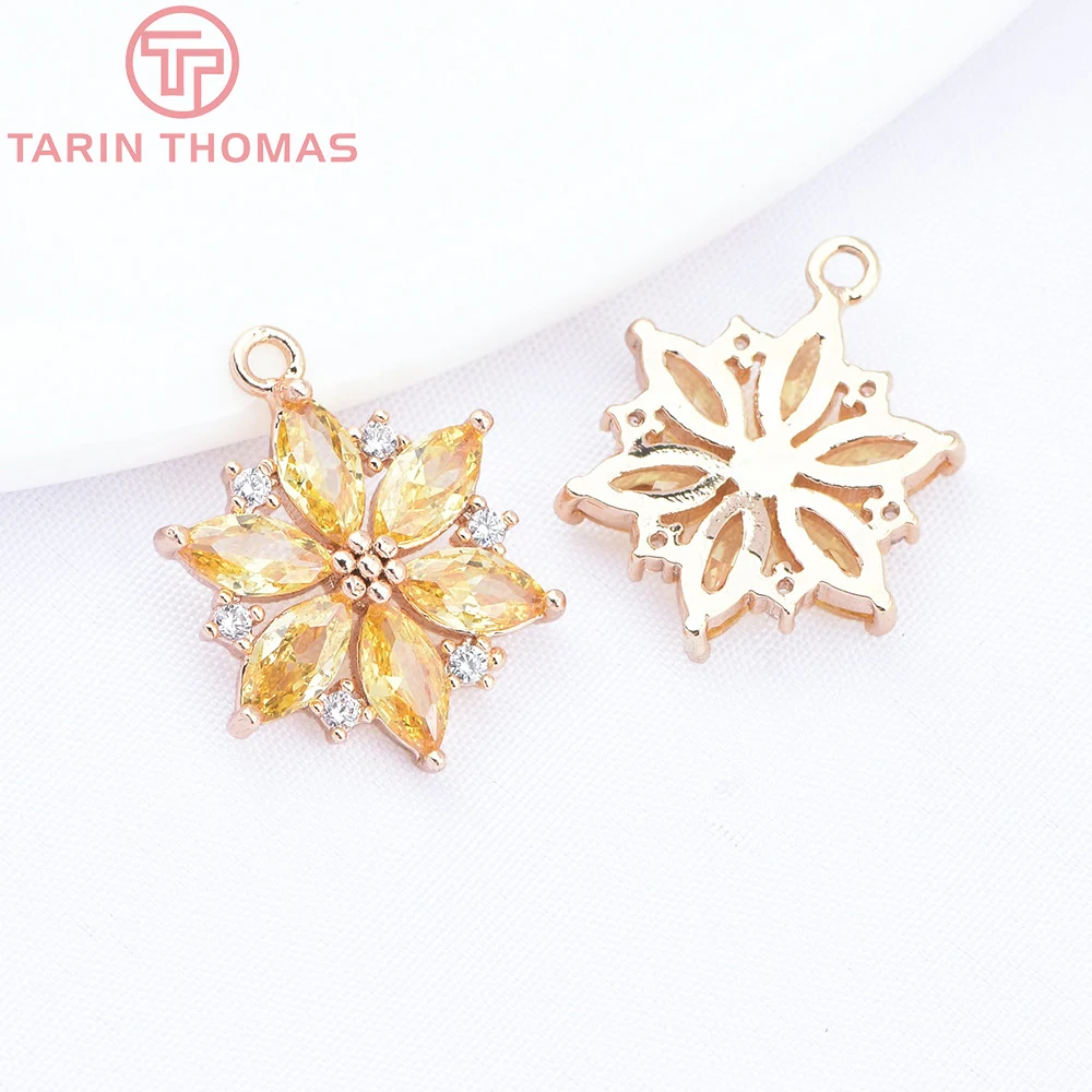 (9064) 4PCS 13.5x17.5MM 24K Gold Color Brass with Zircon Flower Shaped Pendants High Quality DIY Jewelry Making Findings