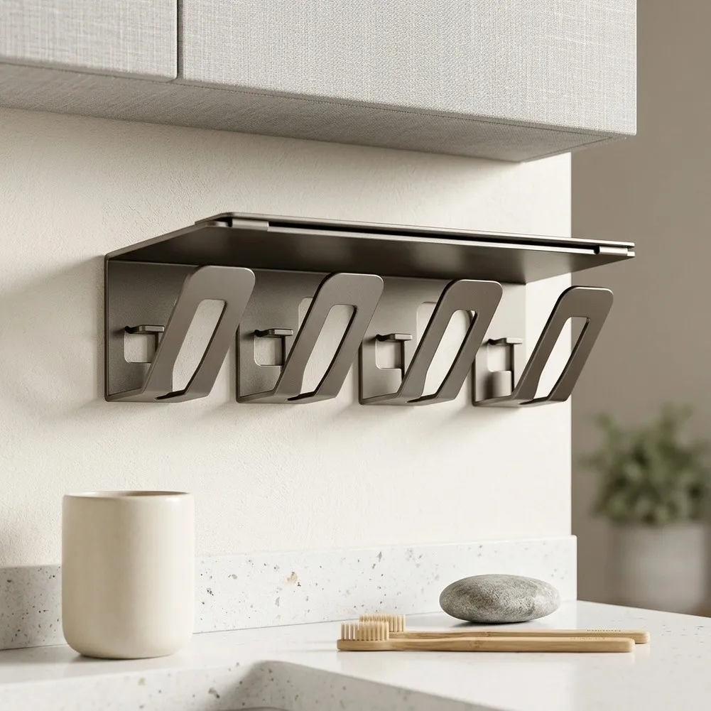Metal Toothbrush Holder Wall Mount No Drill Installation Bathroom Organizer with Cup Rack for Multiple Brushes