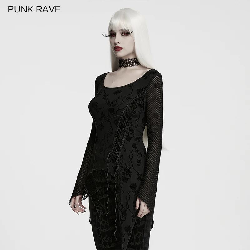 PUNK RAVE Women's Black Flocked Rose Printed & Fish Scale Mesh T-shirt Large Round Neck Asymmetric Hem Long Vintage Gothic Top