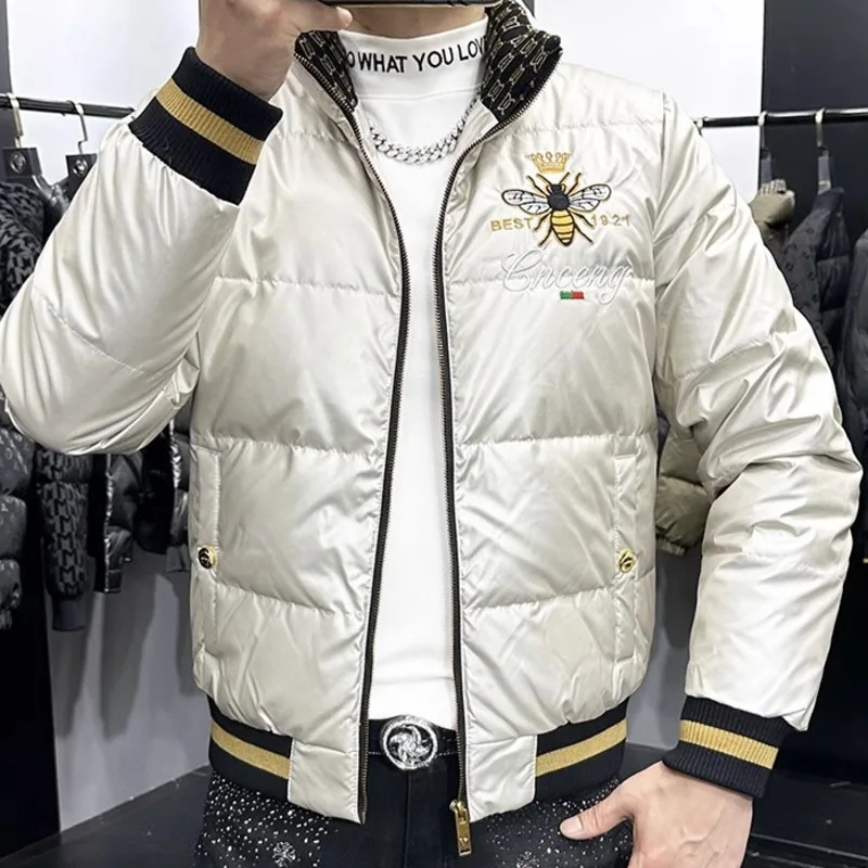 2024 abrigo de Color sólido brillante con cuello levantado, chaqueta de invierno de manga larga para hombre, chaqueta con estampado de letras, chaqueta de plumón de alta calidad para hombre