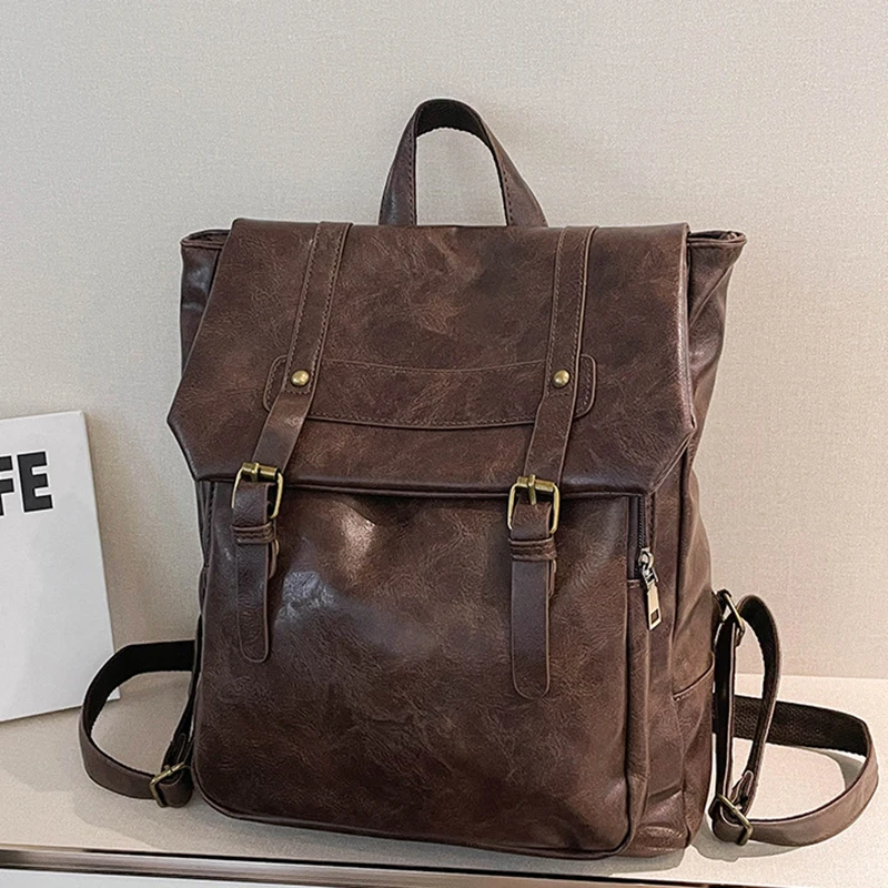 

Retro Maillard PU Leather Bags for Woman Trend New Concise Vintage Commute Mochilas Mujer JK Uniform Students Messenger Backpack