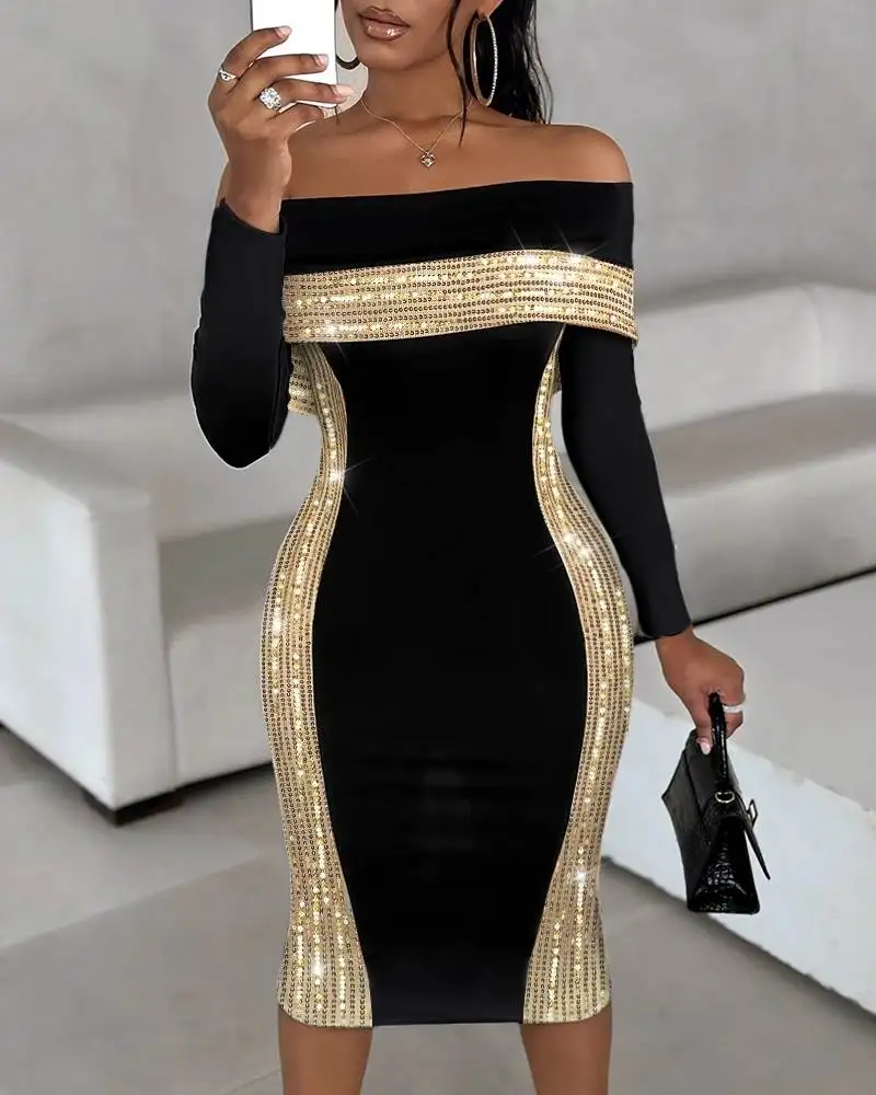 Off-oulder Colorblo Bodycon Dr Faionable Contraste Cor Tight-Fit One Piece Feminino Dr Sli Primavera Outono Wear