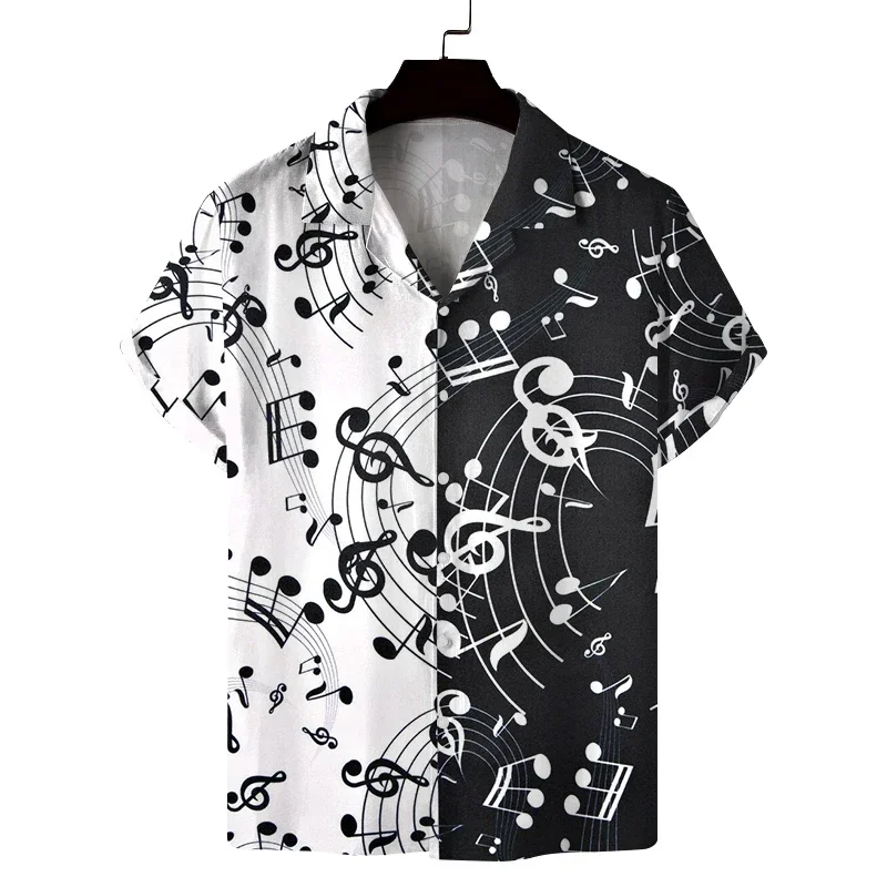 Black and White Contrasting Notes, Staff Printing, Trendy and Cool Music Style, Loose Fitting Shirt for Men and Women
