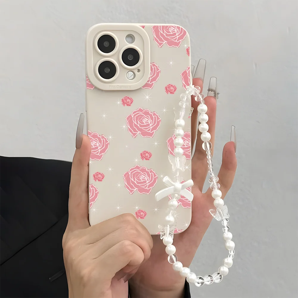 Pink Rose INS Wrist Strap Phone Case For iPhone 17 16 15 14 13 12 11 Pro Max X XS XR 7 8 16E 17E Plus Protector Lanyard Cover view 2