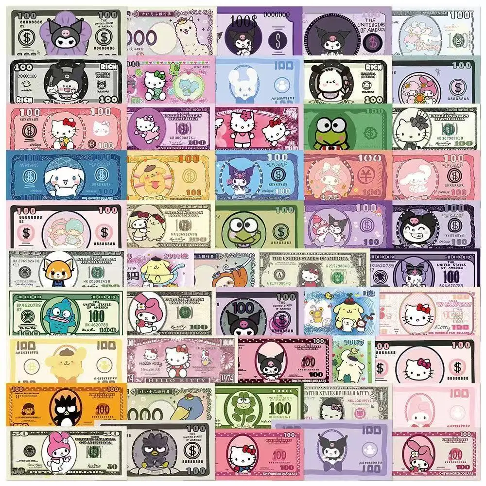 50PCS Kawaii Cartoon Money Stickers, Hello Kitty Kuromi Characters Banknote Decals for Laptop Journal Scrapbook Decor