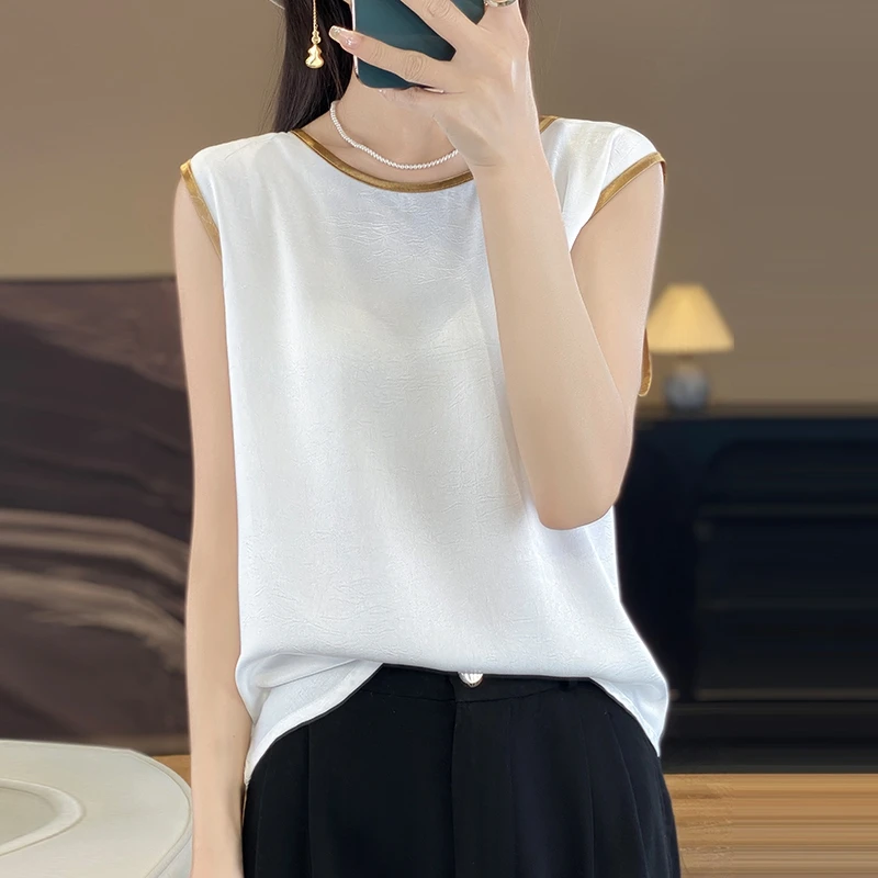 

Women's Sweater Pullover, Suspender, Silk Vest, Summer New Style outerwear, Solid Color Round Neck T-Shirt Sleeveless Loose Base