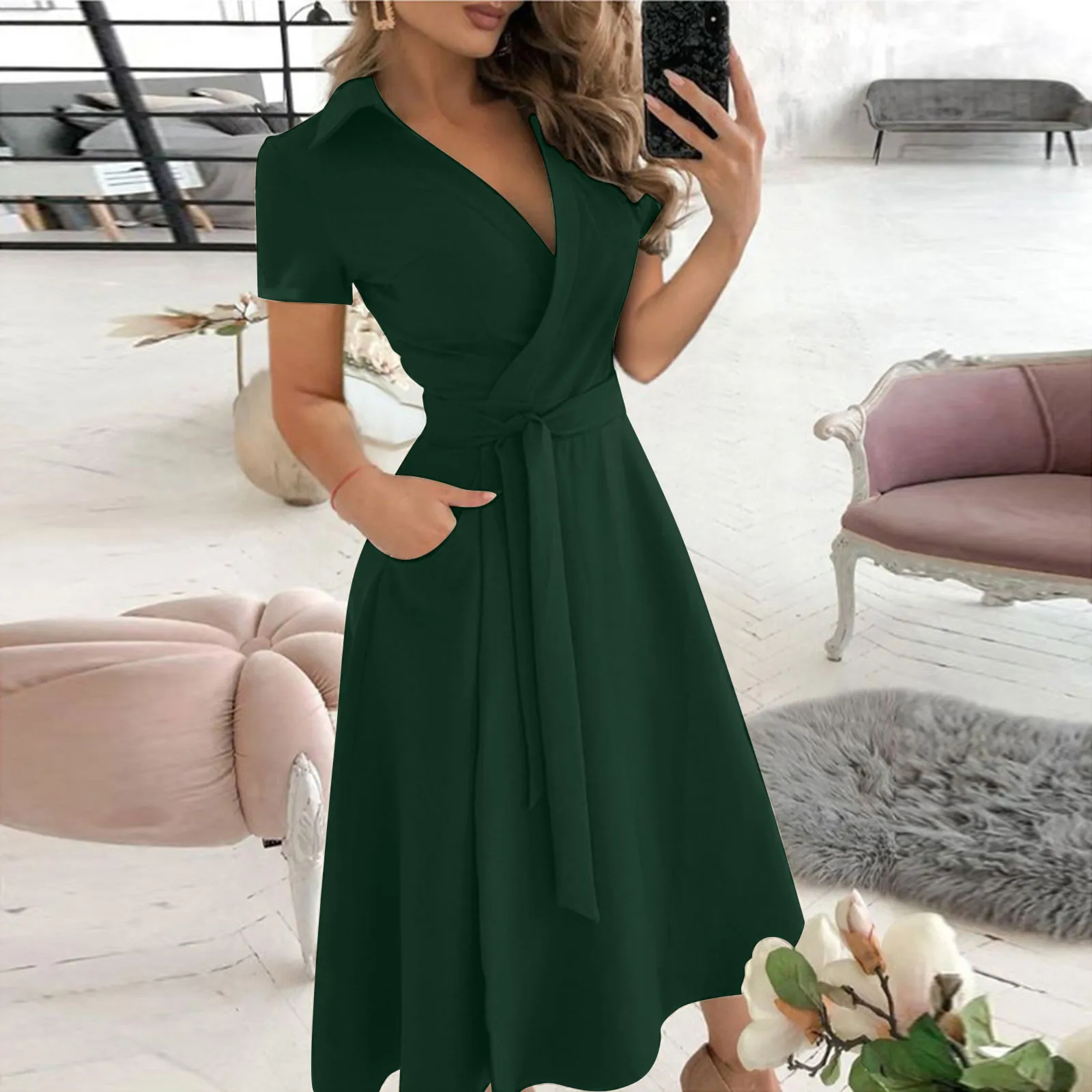 Women\'s Fashionable Solid Color V-neck Short Sleeved Lace Up Slim Fit Wrap Buttocks Dress Lapel Mid Length Elegant Dresses