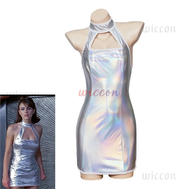 

Austin Powers Vanessa Cosplay Costume Suspender Dress Vanessa Sexy Strappy Halter Silver Stretch Mini Dress Hallowen Costumes