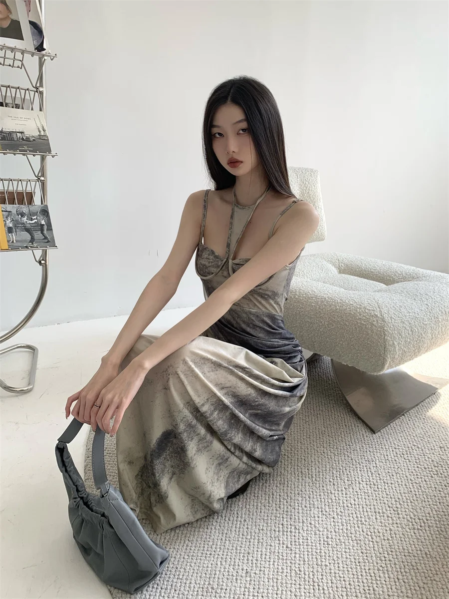 CHEERART Tie Dye Luxury Designer Long Halter Dresses For Women 2023 Summer Backless Ruched A Line Maxi Dress Fashion Clothing